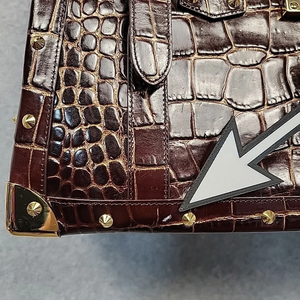 Vintage NORDSTROM Large Croco Embossed Leather Purse Hand Bag‎ Wine Gold Studded
